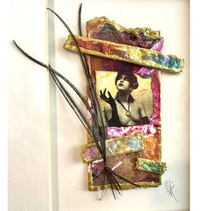Signed Cyndi Mylynne Jeff Adams 3D Mixed Media Matted Art Picture Vintage Woman